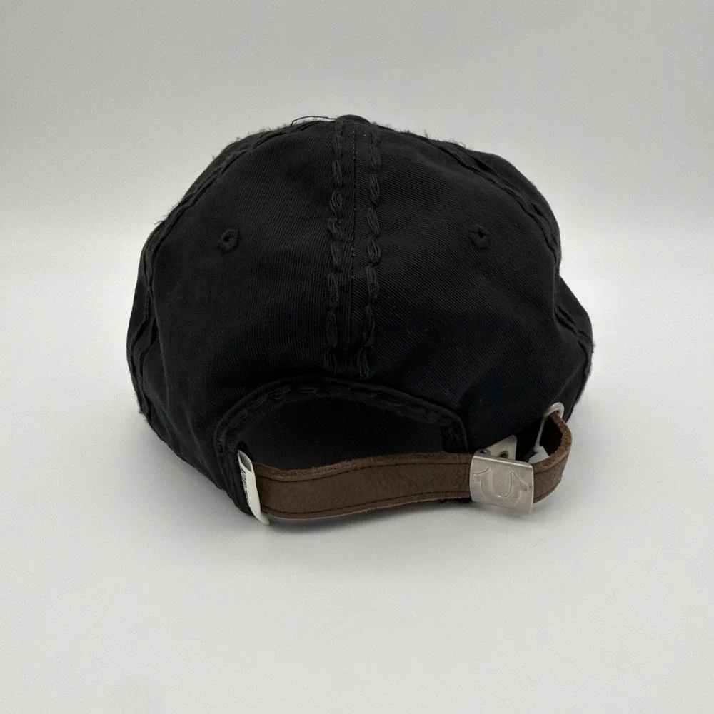 True Religion Hat Cap Mens One Size Black Horseshoe Drip Logo Leather Strapback